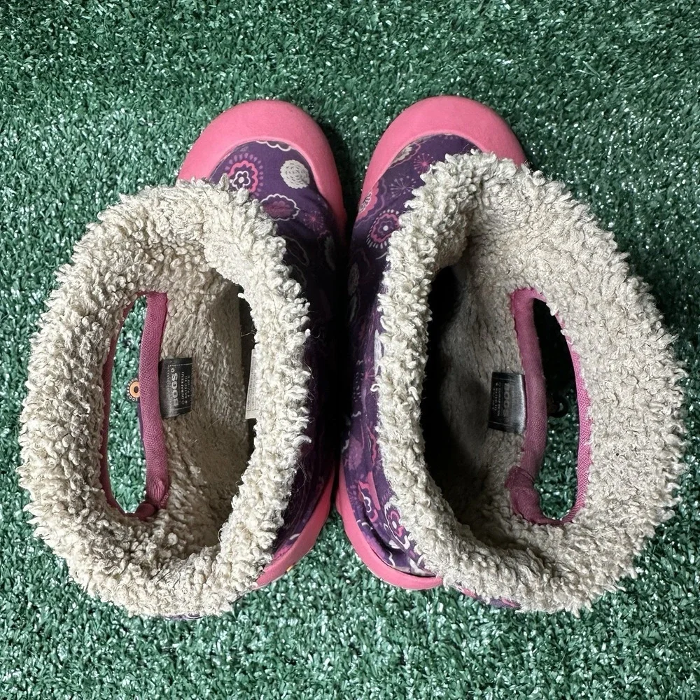 GIRLS‎ KIDS BOGS PULL ON FLORAL PINK WATERPROOF WARM LINED BOOTS SIZE 13